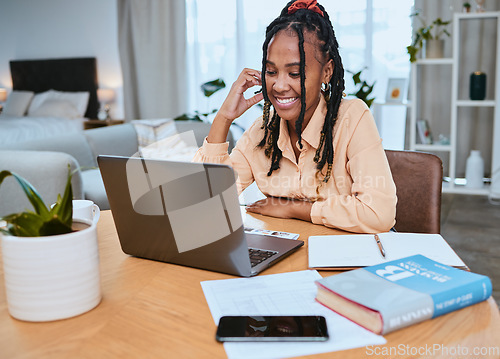 Image of Black woman, laptop and student reading email communication, happy elearning and streaming lecture video. African girl, smile and studying online notes, textbook and planning remote college schedule