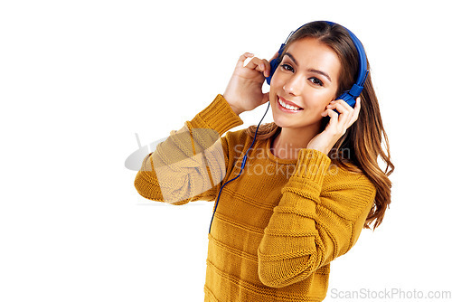 Image of Music, portrait and woman with headphones in studio for dance, audio and fun on white background. Radio, earphones and face of girl, happy and smile for streaming, playlist and track while isolated