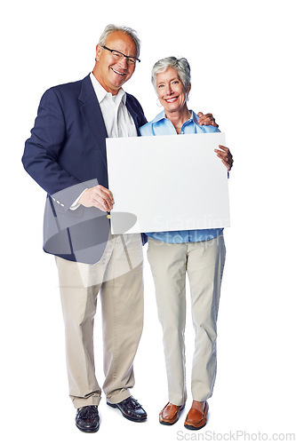 Image of Senior, happy and blank sign couple portrait of elderly people holding a billboard poster. White background, isolated and marriage of retirement man and woman with advertisement and marketing space