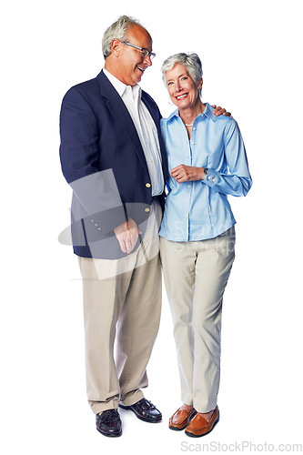 Image of Senior, couple and love by man and woman happy and hugging isolated against a studio white background. Old people or elderly people feeling happiness and affection together enjoying retirement