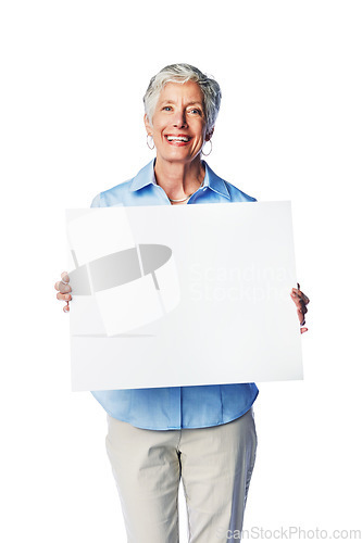 Image of Placard mockup, portrait and senior happy woman with marketing poster, advertising banner or product placement. Studio mock up, billboard promotion sign and sales model isolated on white background