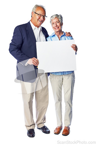 Image of Senior couple, smile and blank sign portrait of elderly people holding a billboard paper. White background, isolated and marriage of retirement man and woman with advertisement and marketing space