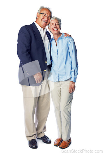 Image of Love, body portrait of senior couple standing in studio and isolated on white background. Retirement, happy and healthy relationship, romance for elderly man with woman together in formal clothes.