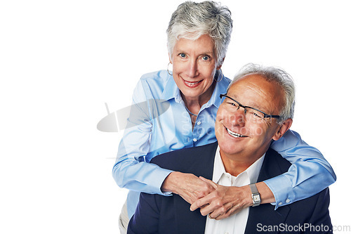 Image of Senior couple, love and happy together for hug, support care and happiness isolated in white background studio. Elderly man, woman smile portrait and hugging, quality time romance or relax bonding