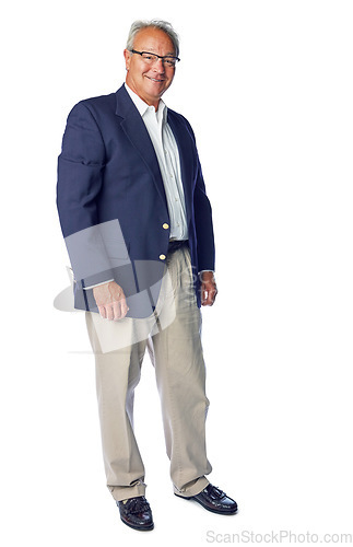 Image of Businessman, portrait and senior ceo with vision for mission, idea and goal on white background. Elderly, leader and man standing and looking proud of business success or startup, posing and isolated