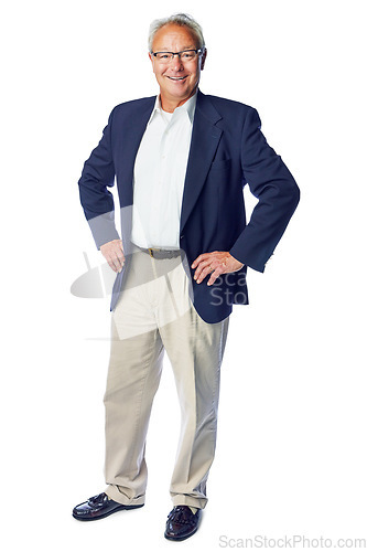 Image of Happy senior and businessman full body portrait with confident, proud and corporate pose. Mature, professional and elderly boss with smile standing at isolated studio white background.