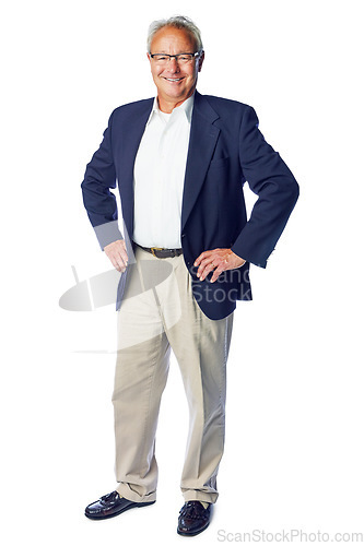 Image of Senior, corporate and worker full body portrait with confident, proud and happy business pose. Mature, professional and elderly boss man with smile standing at isolated white background.