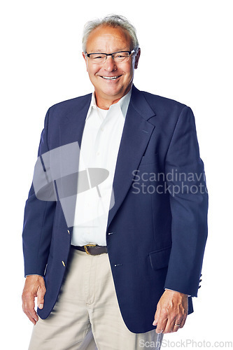 Image of Senior manager and portrait of happy businessman with confident, proud and joyful smile in isolated studio. Corporate, mature and worker man with confidence in career mindset on white background.