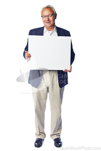 Image of Poster, portrait mockup and senior man with marketing placard, advertising banner or product placement. Studio mock up, billboard promotion sign and happy sales model isolated on white background