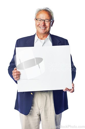 Image of Poster mockup, portrait and senior business man with marketing placard, advertising banner or product placement. Studio mock up, billboard promo sign or happy sales model isolated on white background