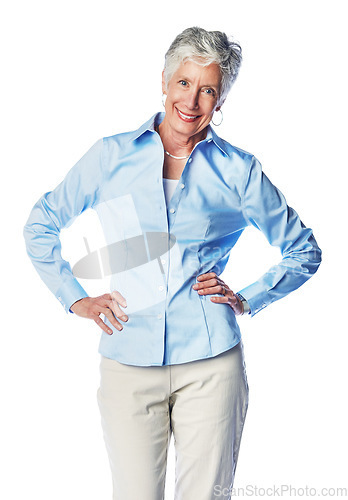 Image of Portrait, smile and senior woman in studio, happy and relax against a white background. Elderly, real and lady enjoy retirement, proud and satisfied with retired lifestyle while standing isolated