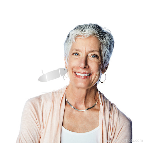 Image of Happy, beautiful and portrait of a senior woman with a smile isolated on a white background in studio. Content, cheerful and confident face of elderly model in retirement with happiness on a backdrop