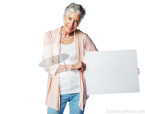 Image of Studio placard, portrait mockup and old woman with marketing poster, advertising banner or product placement. Mock up, billboard promotion sign and happy sales model isolated on white background