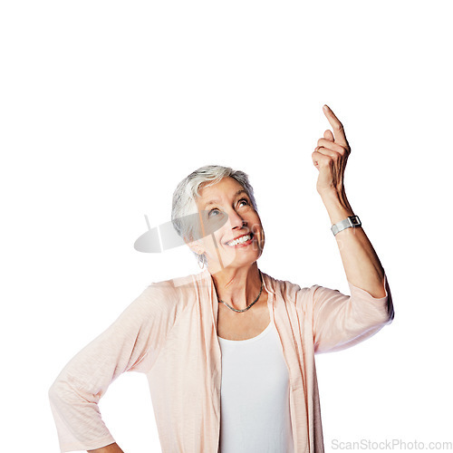 Image of Studio mock up, senior and old woman point at sales promotion, luxury present gift or discount deal mockup. Advertising space, marketing product placement or model isolated on white background