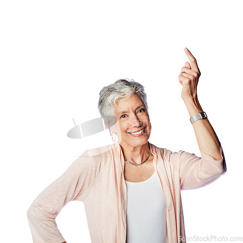 Image of Portrait mock up, senior and old woman point at sales promo, luxury present gift or discount deal mockup. Studio advertising space, marketing product placement and model isolated on white background