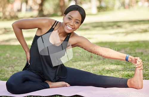 Image of Black woman, portrait and stretching legs for park exercise, workout and relax training in nature. Happy girl, yoga athlete and warm up body in garden for fitness, wellness and healthy sports goals