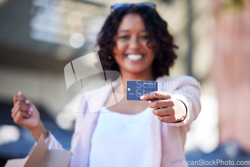 Image of Shopping mall, money and woman showing credit card for finance of market promotion, retail payment and cash sales. Female customer, budget and shopping bag from store, ecommerce and financial freedom