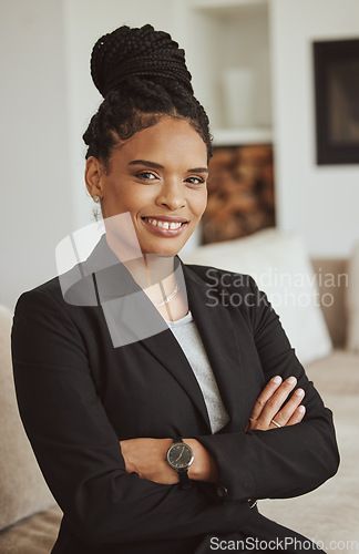 Image of Black business woman, smile portrait and success vision in office for ceo leadership, manager confidence and standing crossed arms. African woman, happy face and corporate leader goals motivation