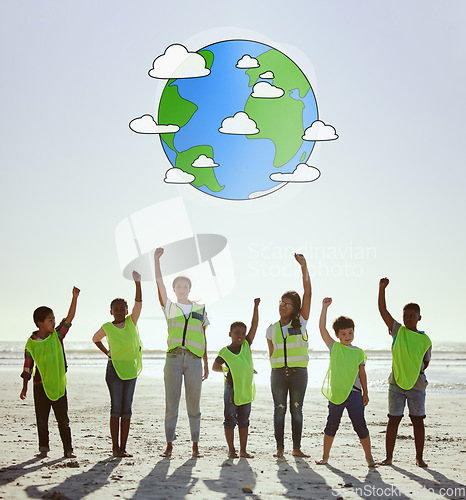 Image of Support, earth day and portrait of children at the beach for cleaning, sustainability and digital earth in Peru. Eco friendly, volunteer and group of kids working to clean the sea with teamwork