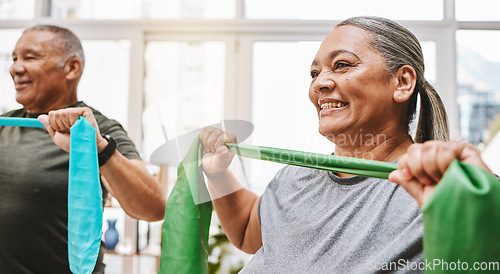 Image of Physiotherapy, stretching band and senior couple with teamwork for muscle wellness, rehabilitation and support together. Elderly black people or friends smile in physical therapy with strong progress