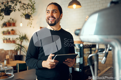 Image of Portrait, startup cafe manager man with tablet for social media, networking or restaurant content review. Smile, motivation or coffee shop employee with tech for social network, blog or mobile app