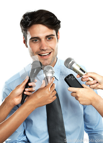 Image of Reporter, microphone and interview for happy businessman, government worker or corporate speaker. Speech, communication and hands of news journalist question to politician on white background studio