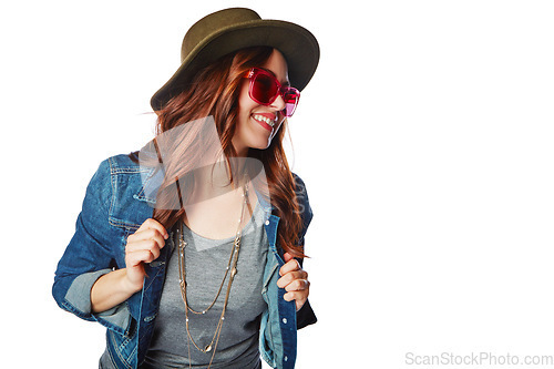 Image of Fashion, trendy and happy woman in studio with casual, stylish and funky outfit with accessories. Happiness, smile and female model with hat, sunglasses and edgy clothes isolated by white background.