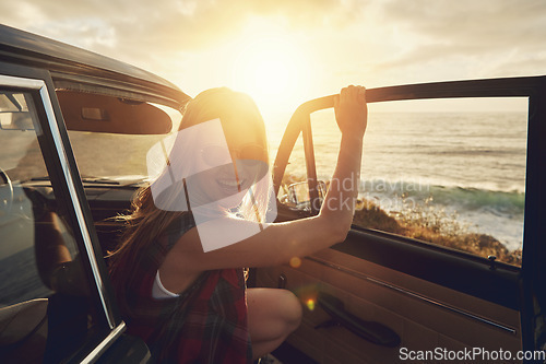 Image of Woman, sunset portrait and road trip by car door with smile, beach and happiness for summer vacation. Happy gen z girl, suv and sunshine with sunglasses, outdoor adventure and holiday by ocean waves