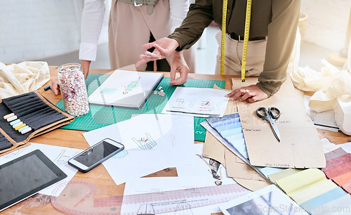 Image of Planning, creative and fashion designer hands with teamwork, collaboration and textile workspace. Creativity, sketch and studio, workshop or manufacturing worker for ideas, art vision and project