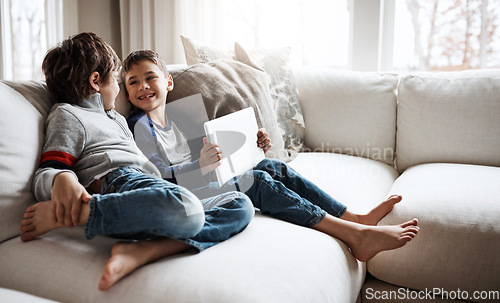 Image of Relax, family and child siblings with tablet on home sofa for bonding, wellness and streaming smile together. Lounge couch and young kids with app device for online movie entertainment.