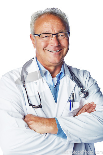 Image of Doctor, portrait and senior man in studio for healthcare, goals and proud on white background space. Face, health and mature expert happy, smile and excited about innovation and help while isolated