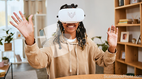 Image of Virtual reality, vr metaverse and happy black woman with cyber ui dashboard, augmented reality or future ai. Digital transformation, futuristic software study or creative student working with headset