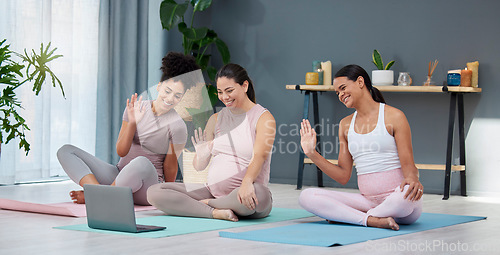 Image of Webinar, pregnant or women in online class for yoga training, exercise or fitness workout in home studio. Pregnancy, video call or healthy friends with a happy smile in maternity training via laptop