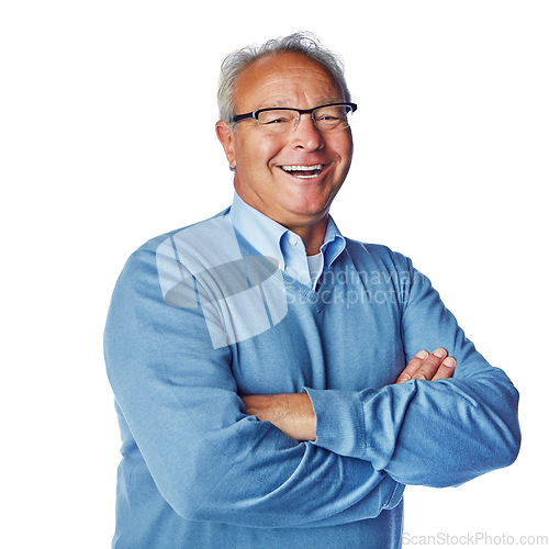 Image of Portrait, happy and senior man laughing in studio, relax and proud against white background. Face, smile and retired male having fun, cheerful and funny while posing, excited and content or isolated