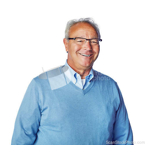 Image of Portrait, casual and senior man in studio, happy and smile, joy and relax against white background. Content, normal and face and elderly male enjoying retirement, natural and laughing while isolated