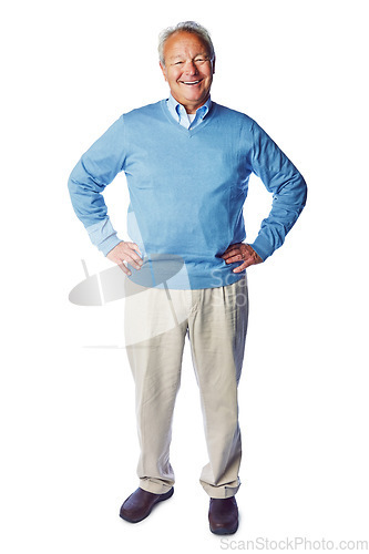 Image of Happy senior man, smile in portrait with retirement, life insurance with mockup isolated on white background. Pensioner, happiness with old man and positive mindset, vitality and elderly wellness