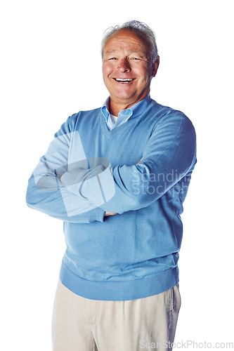 Image of Happy, smile and portrait of senior man laughing in studio, relax and proud while standing on white background. Confident, chill and retirement by elderly male content, joy and satisfied or isolated