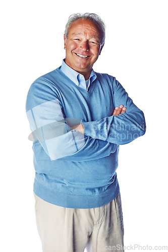 Image of Person, happy and portrait of senior man in studio, proud and relax while enjoying retirement on white background. Confident, relaxed and elderly man with retired lifestyle, content and isolated