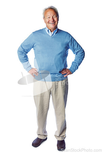 Image of Senior man, happiness n portrait with retirement, life insurance and smile with mockup isolated on white background. Pensioner, happy old man and positive mindset with vitality, elderly and wellness