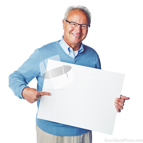Image of Mockup portrait, placard or old man pointing at marketing poster, advertising banner or product placement. Studio mock up, billboard promotion sign or happy sales model isolated on white background