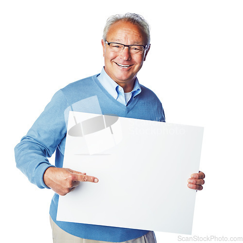 Image of Poster mockup, portrait or old man point at marketing placard, advertising banner or product placement. Studio mock up, billboard promotion sign or happy sales model isolated on white background