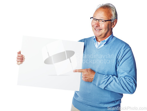 Image of Poster mockup, portrait or senior man point at marketing placard, advertising banner or product placement. Studio sales mock up, billboard promo sign or happy mature male isolated on white background