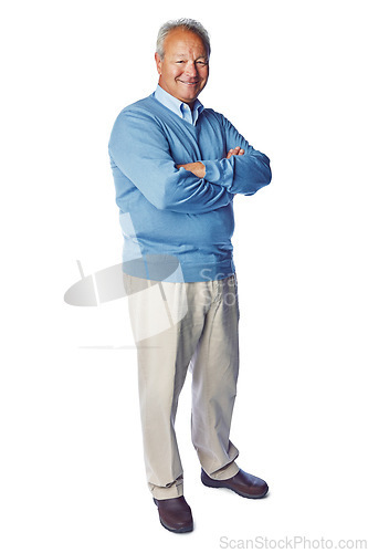 Image of Old man, smile with happiness in portrait and retirement, life insurance with mockup isolated on white background. Pensioner, senior man and positive mindset, arms crossed with vitality and wellness