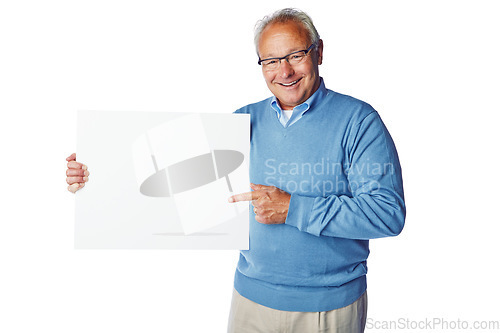 Image of Poster mockup, portrait or elderly man point at marketing placard, advertising banner or product placement. Studio mock up, billboard promotion sign or happy sales model isolated on white background