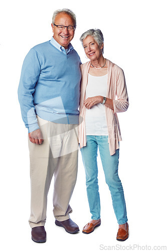 Image of Senior couple smile in portrait, marriage and retirement together, relationship commitment isolated on white background. Happiness with old man, old woman and life partnership with elderly wellness