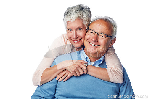 Image of Love, portrait and senior couple hug in studio, smile and happy together against a white background. Relax, face and elderly man with woman embrace, holding and enjoy retirement, bond and isolated