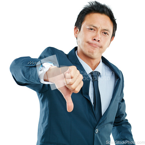 Image of Portrait, business man and thumbs down in studio isolated on white background. Fail, dislike hand gesture and sad male employee with sign for disagreement, failure emoji or negative review, bad or no