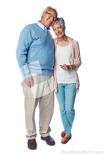 Image of Senior couple, hug and marriage, retirement together in portrait and commitment isolated on white background. Happiness in relationship, old man and woman with life partnership and elderly people