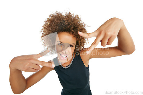 Image of Portrait, hands and black woman with peace sign in studio isolated on a white background. Face, fashion and attitude gesture, symbol or emoji of female model in stylish, designer and cool clothing.