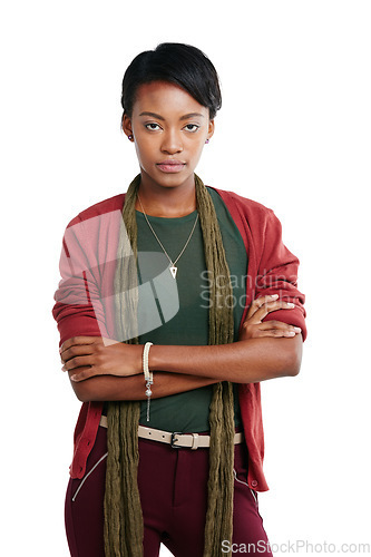 Image of Black woman, portrait or arms crossed on isolated white background, marketing space or advertising mock up. Fashion model, confident or empowerment in cool, trendy or style clothes on mockup backdrop